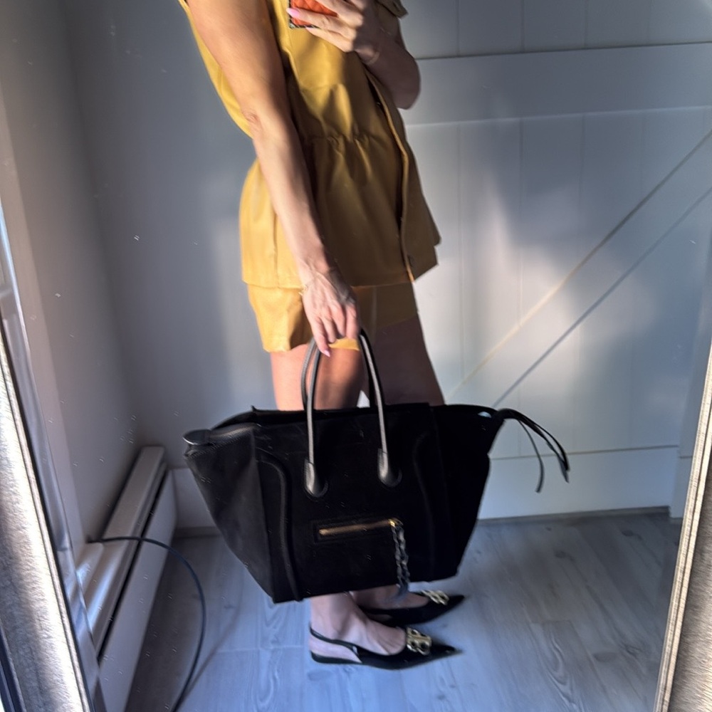Black Suede Tote Bag with Braided Zip Pulls - Picture 2 of 5